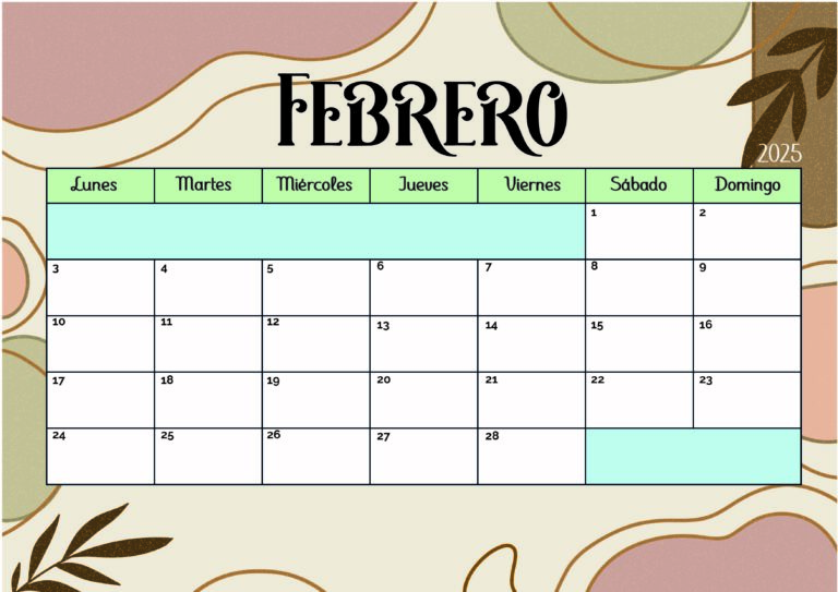 Calendario Febrero 2025 para imprimir