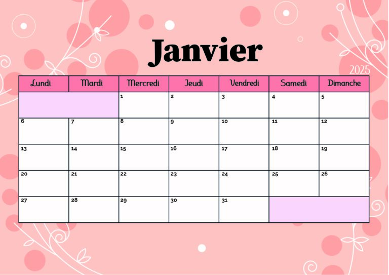 Calendrier Janvier 2025 à imprimer