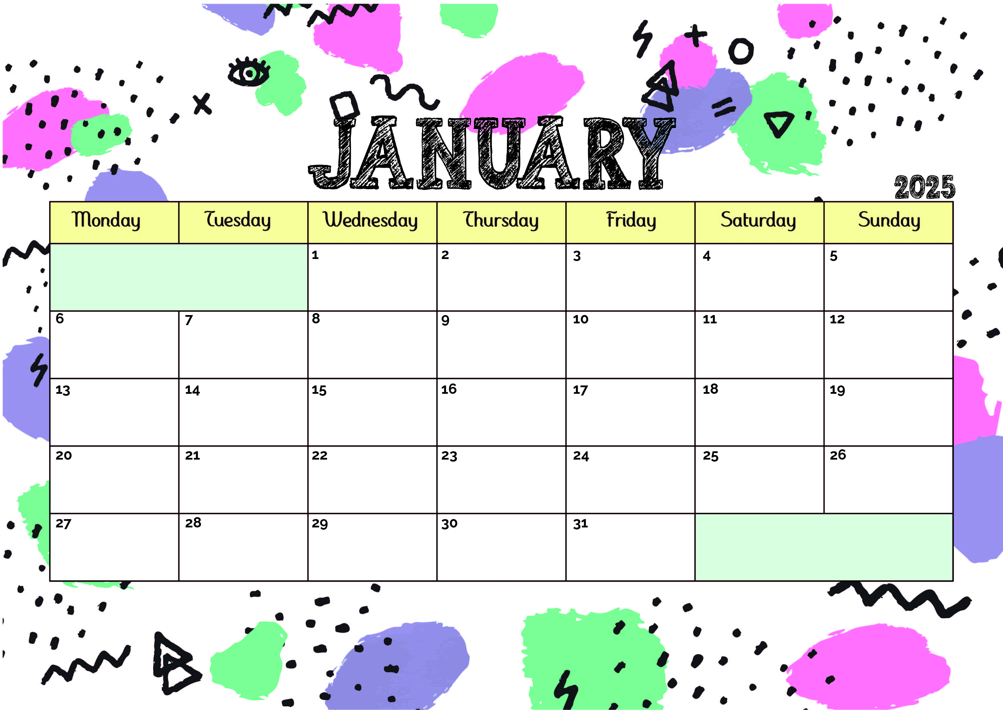 January 2025 Calendar for Printing in PDF