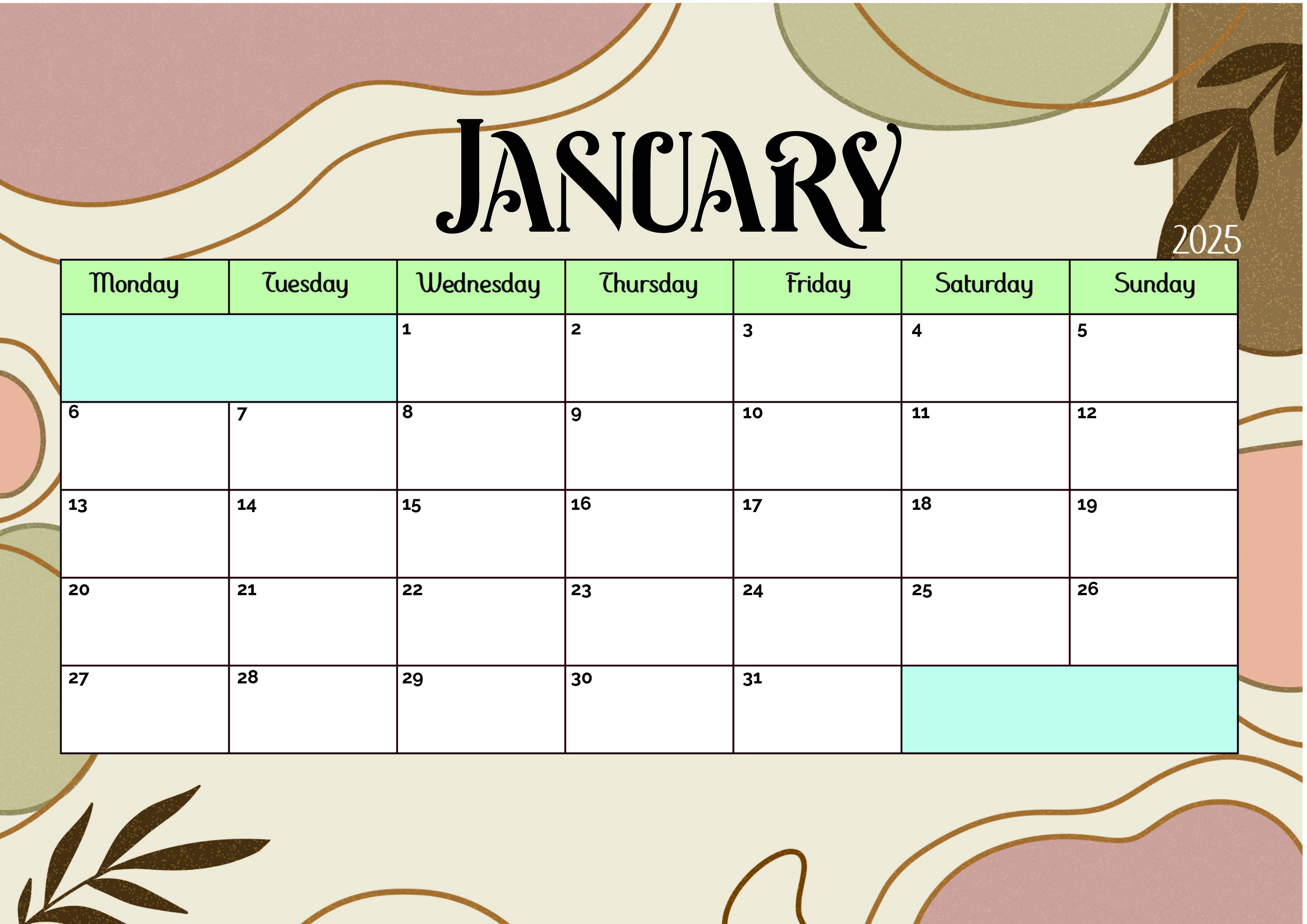 January 2025 Calendar for Printing in PDF