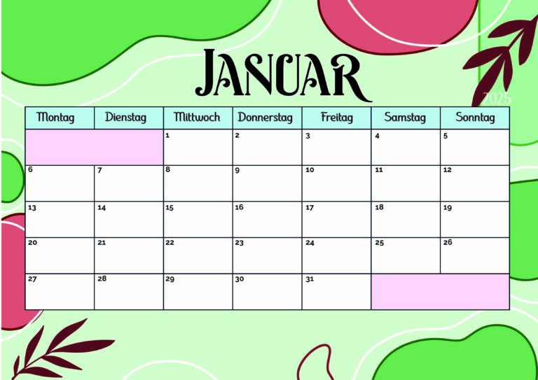 Kalender Januar 2025 zum Ausdrucken