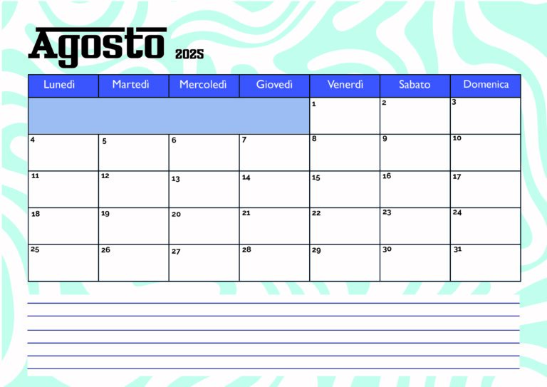 Calendario Agosto 2025 da stampare