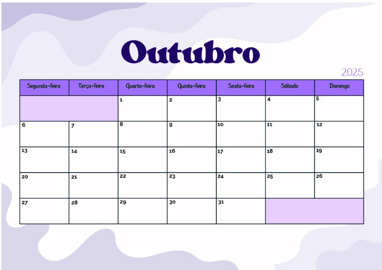 Calendário Outubro 2025 para imprimir