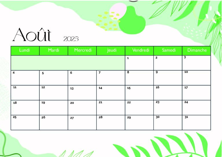 Calendrier Août 2025 à imprimer