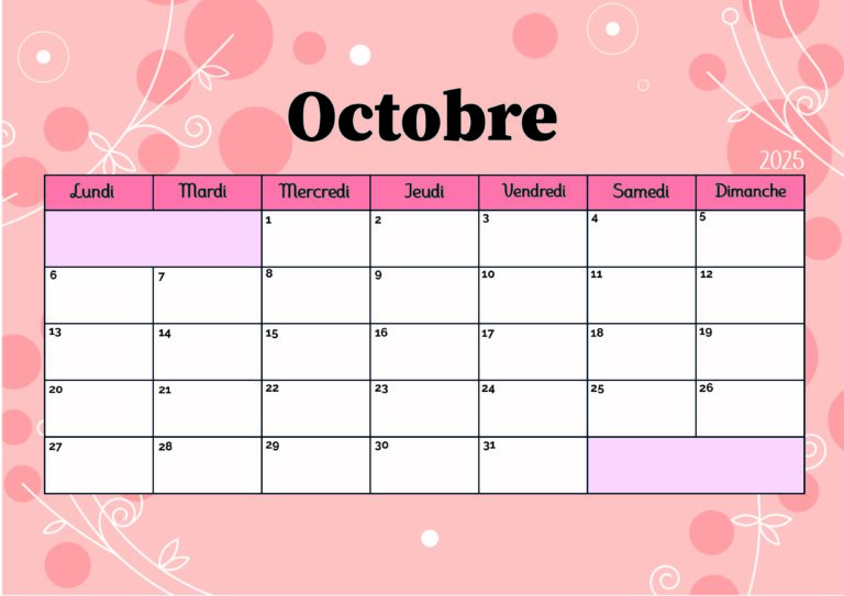 Calendrier Octobre 2025 à imprimer