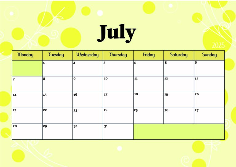 July 2025 Calendar for Printing