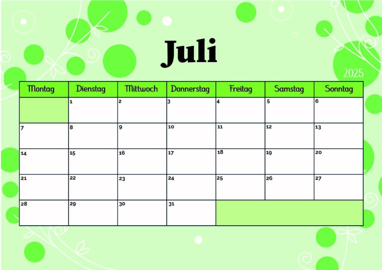 Kalender Juli zum 2025 Ausdrucken