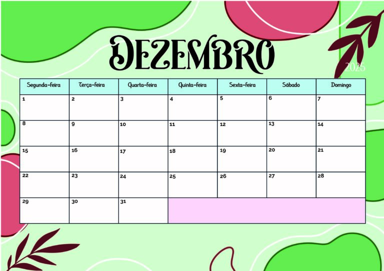 Calendário Dezembro 2025 para imprimir
