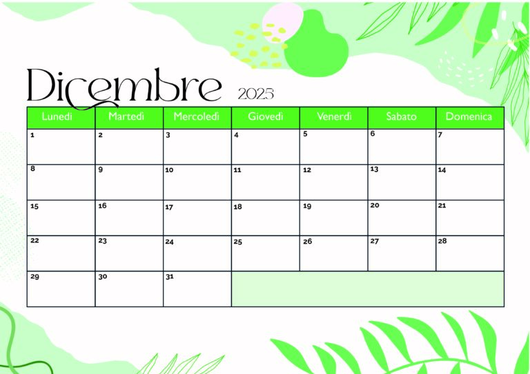 Calendario Dicembre 2025 da stampare