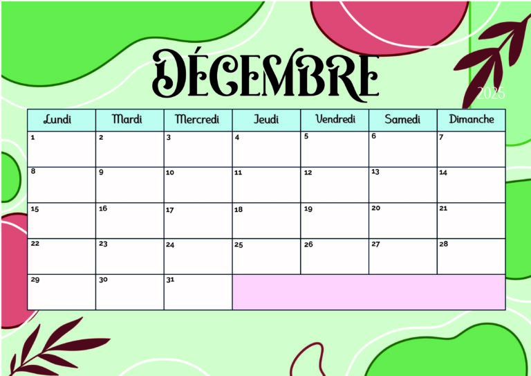 Calendrier Décembre 2025 à imprimer