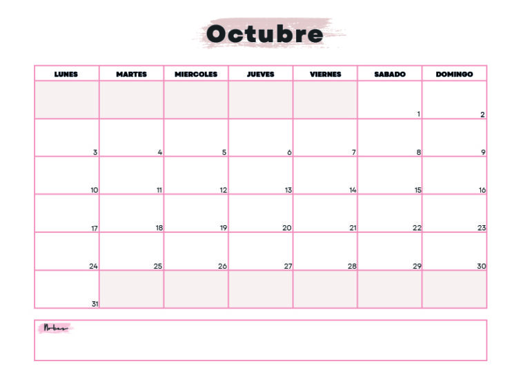 Calendario Octubre 2022 para imprimir