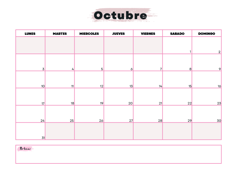 Calendario Octubre 2022 para imprimir