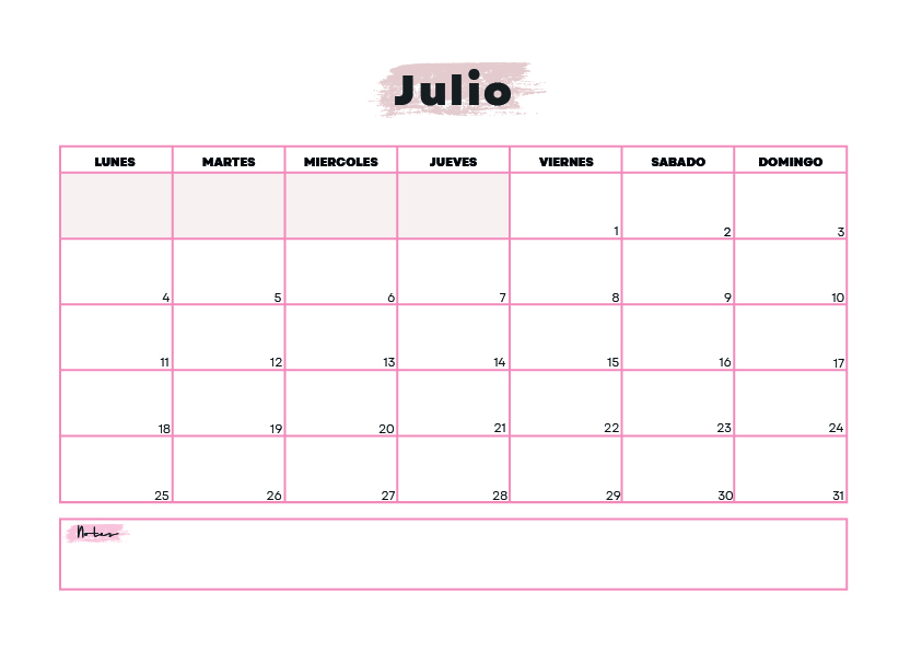 Calendario Julio 2022 para imprimir