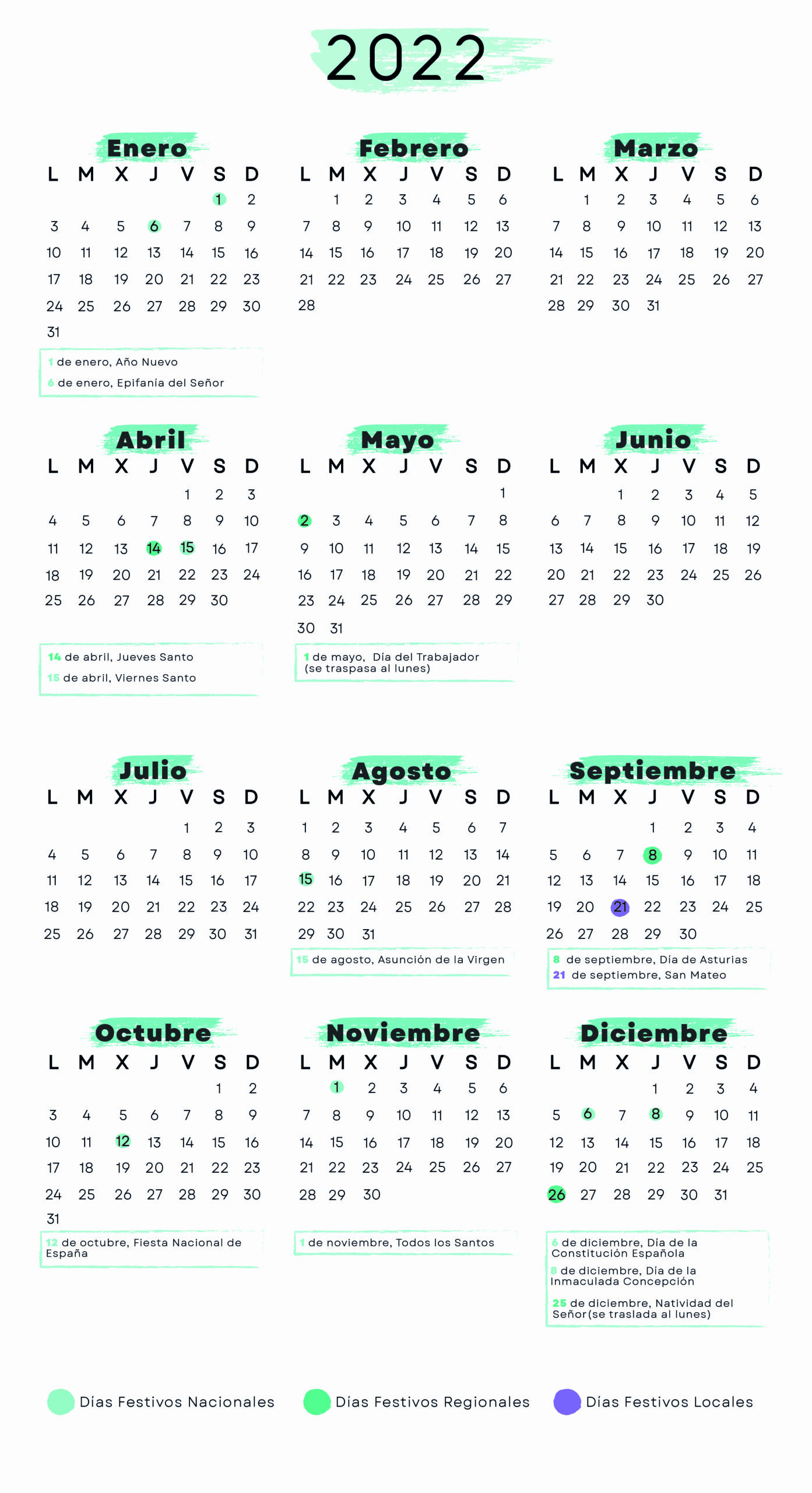 Calendario laboral Asturias 2022