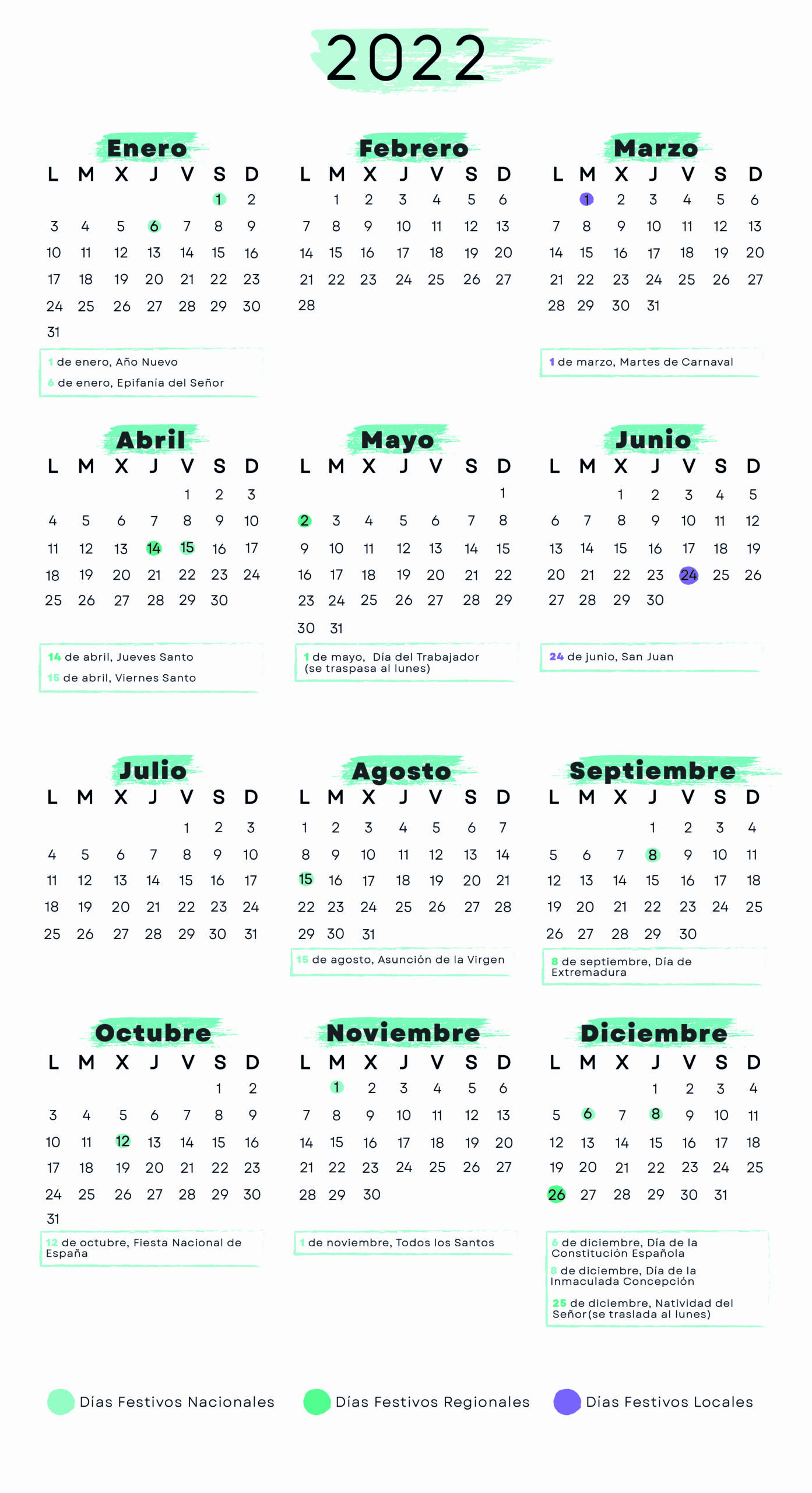 Calendario laboral Badajoz 2022