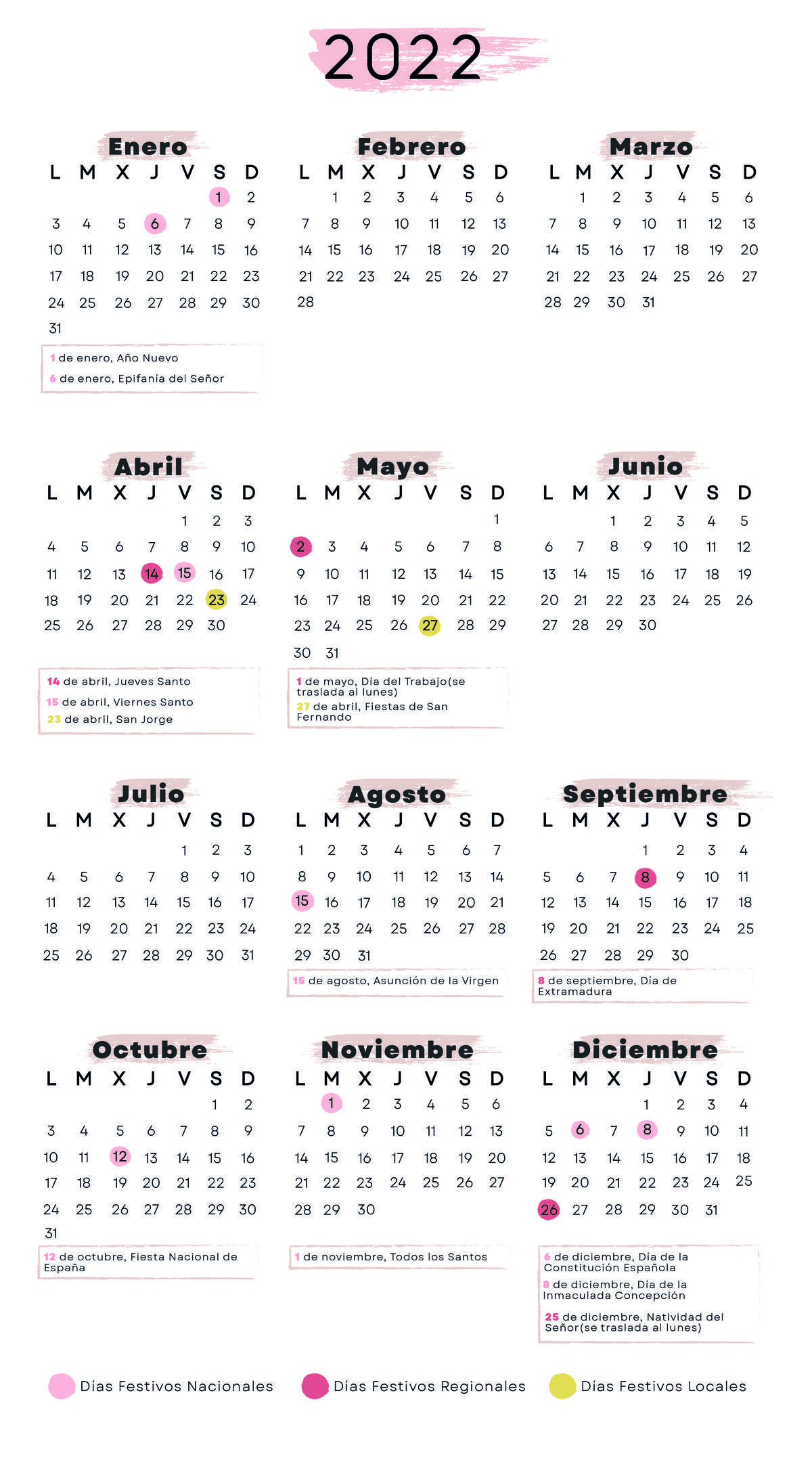 Calendario laboral Cáceres 2022