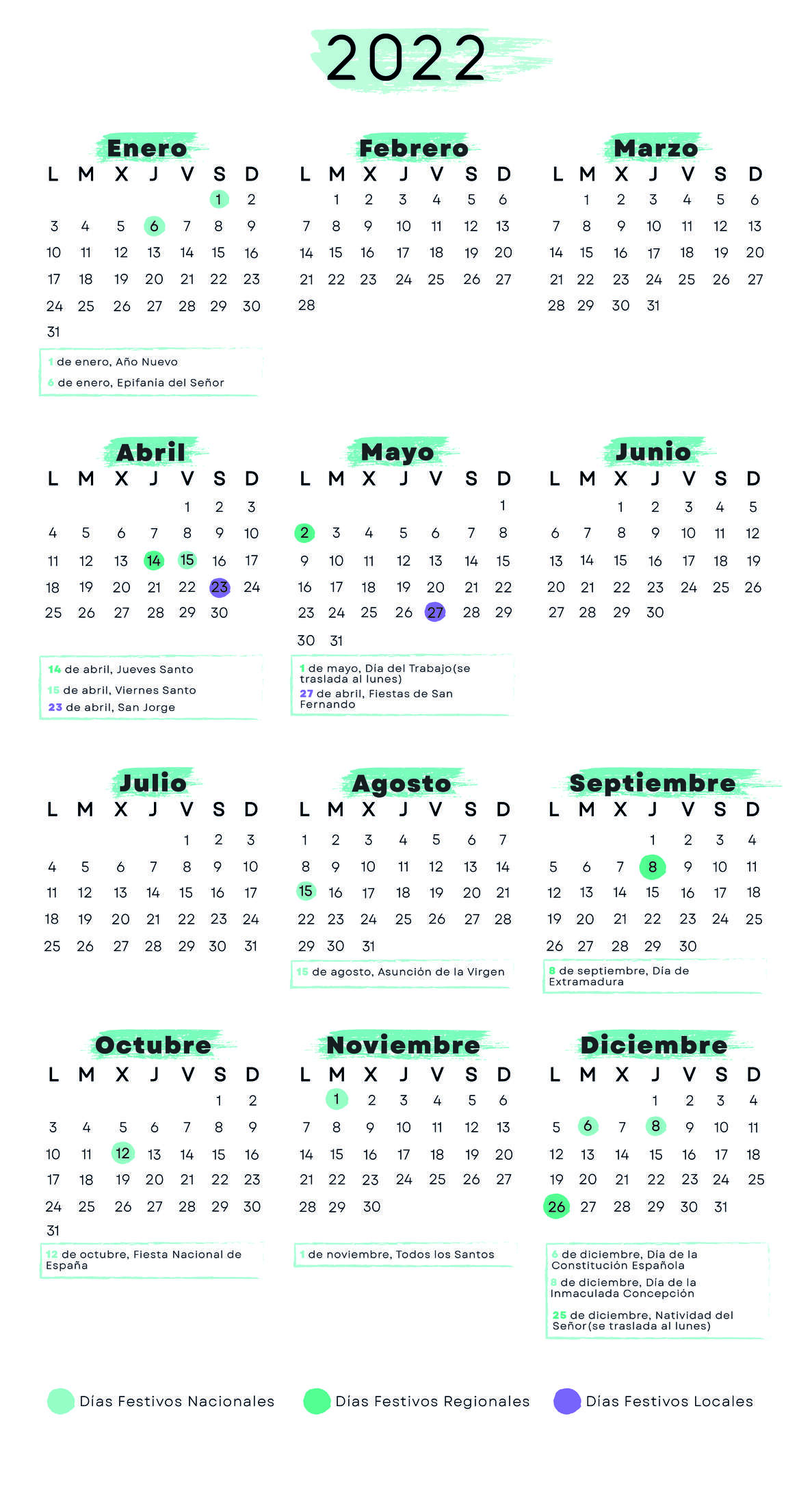 Calendario laboral Cáceres 2022