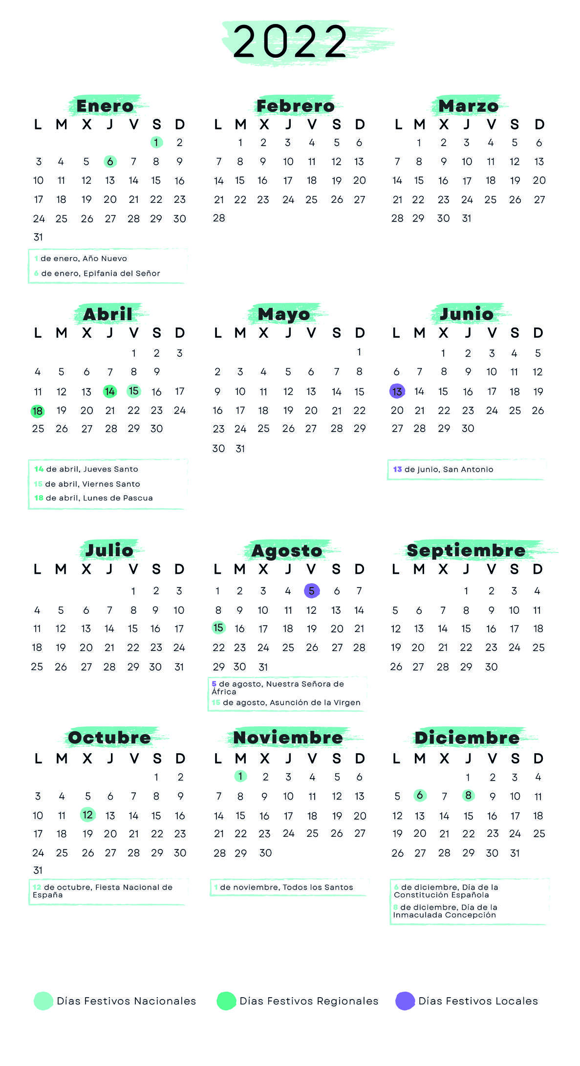 Calendario de Ceuta 2022 con festivos para imprimir