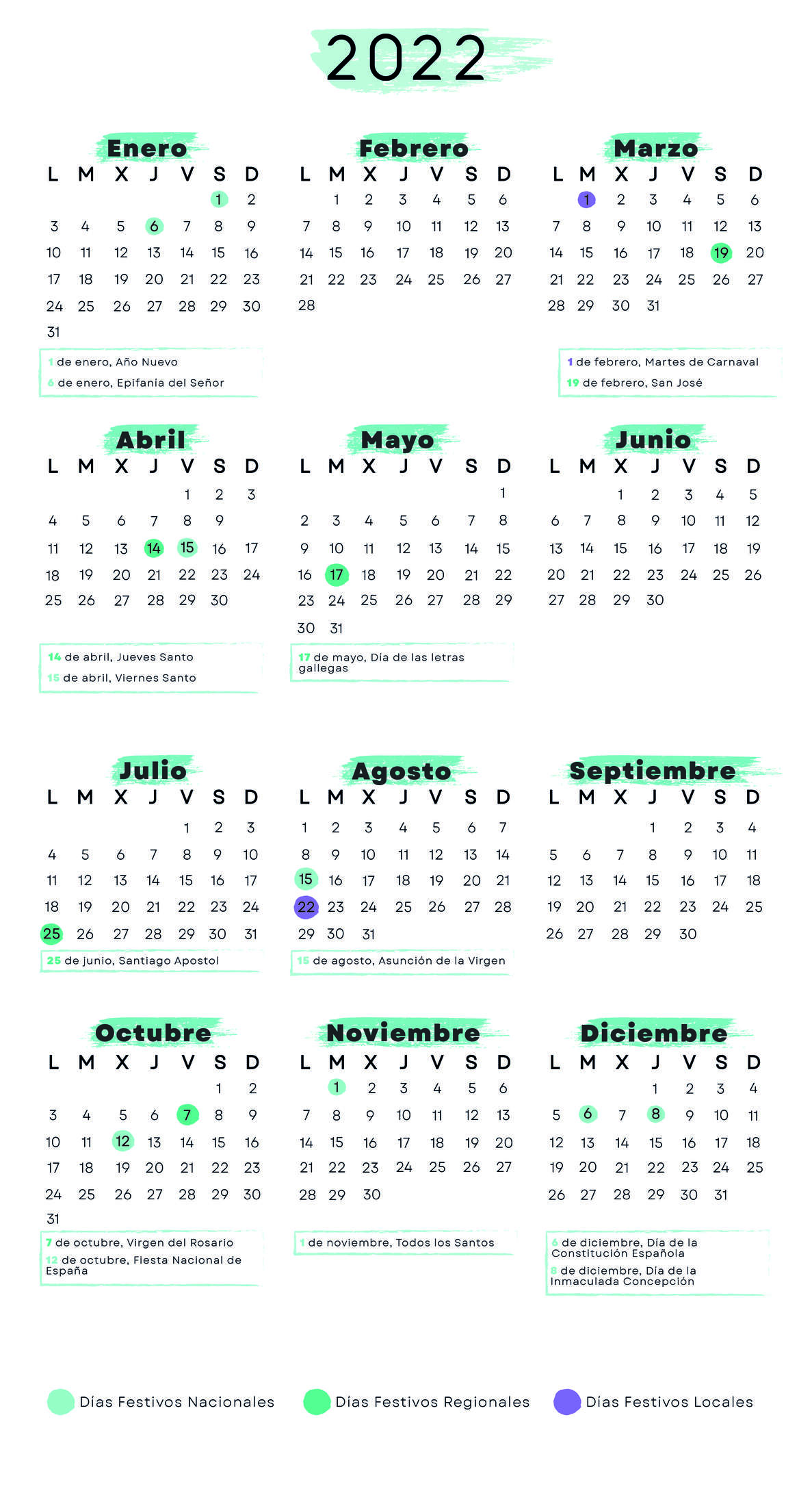 Calendario de La Coruña 2022 con festivos para imprimir