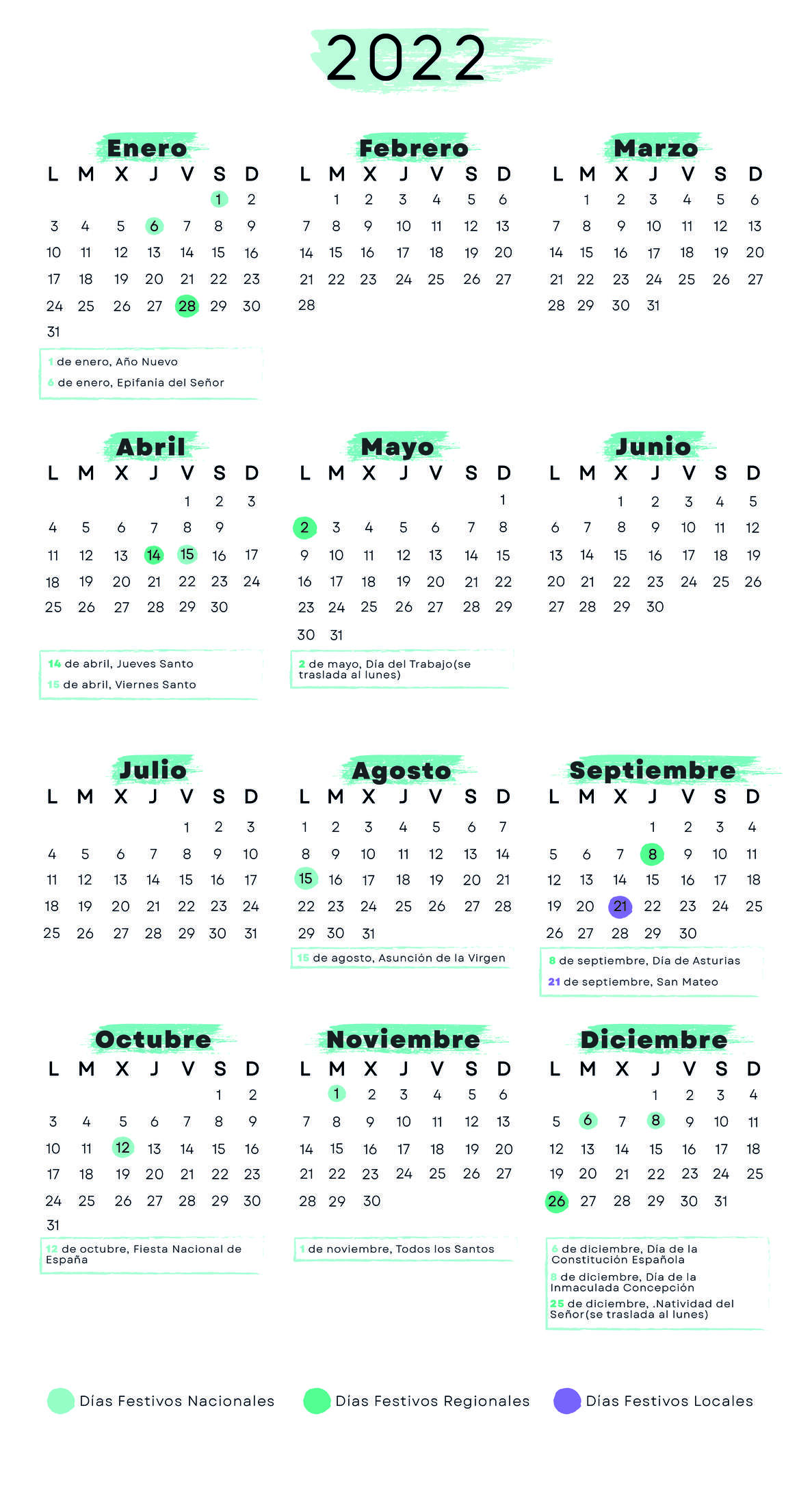 Calendario de Gijón 2022 con festivos para imprimir