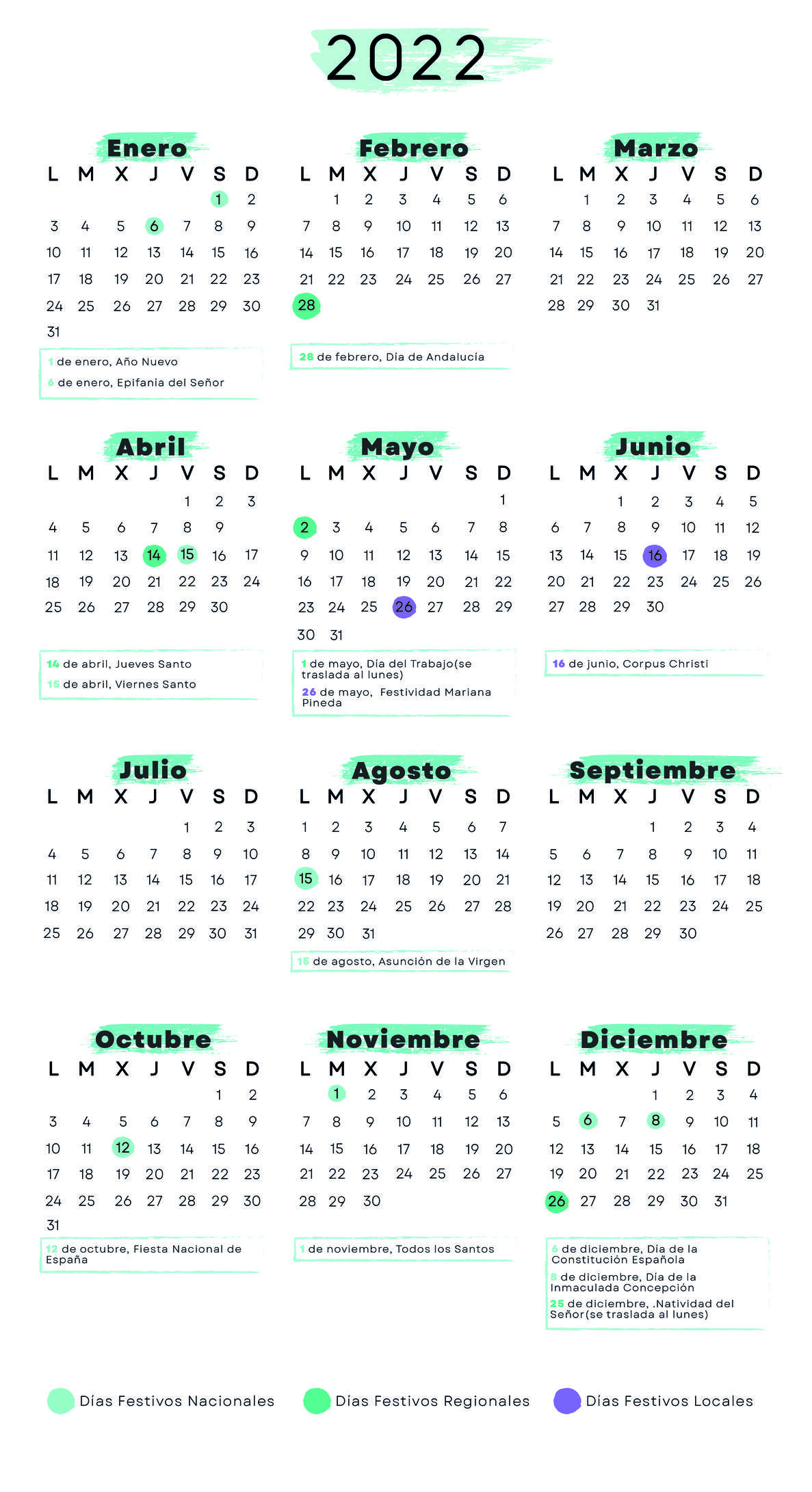 Calendario de Granada 2022 con festivos para imprimir