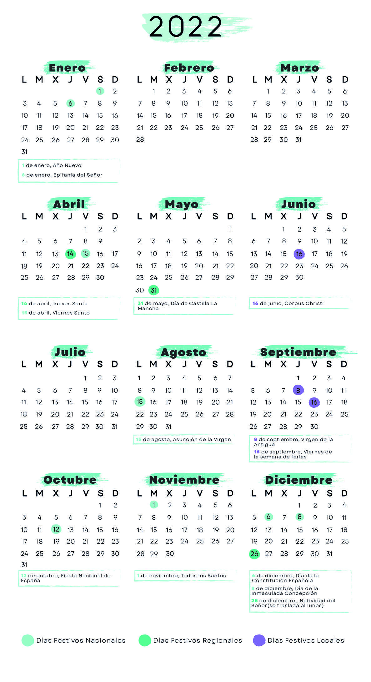Calendario de Guadalajara 2022 con festivos para imprimir