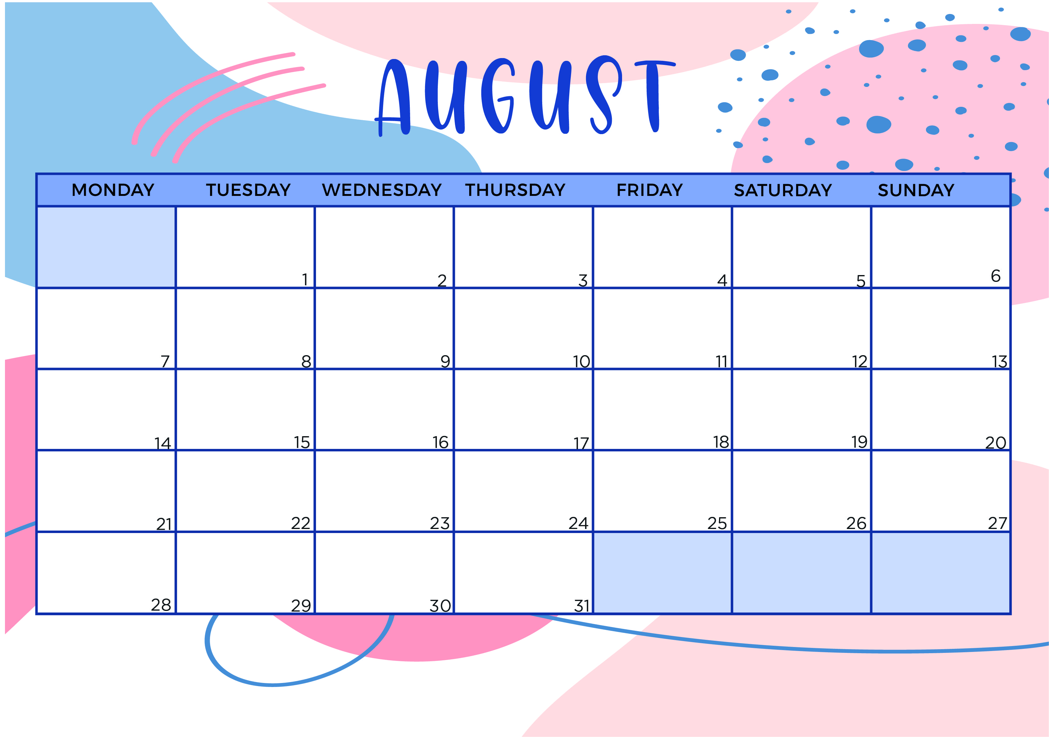 August 2023 Calendar Printable
