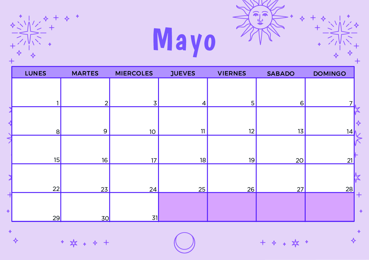 Calendario Mayo 2023 morado