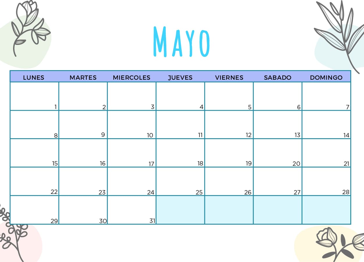 Calendario Mayo 2023 con flores azul