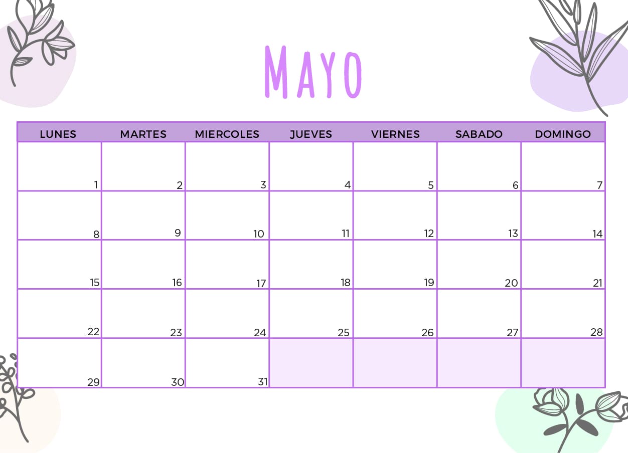 Calendario Mayo 2023 con flores morado claro
