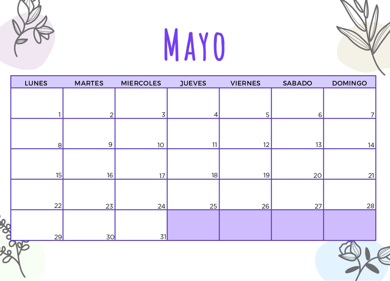 Calendario Mayo 2023 con flores morado oscuro