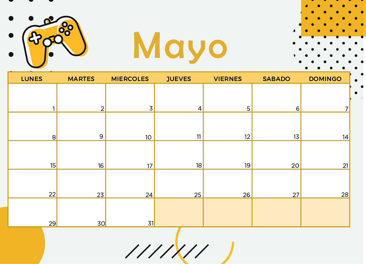 Calendario de Mayo 2023 gaming amarillo