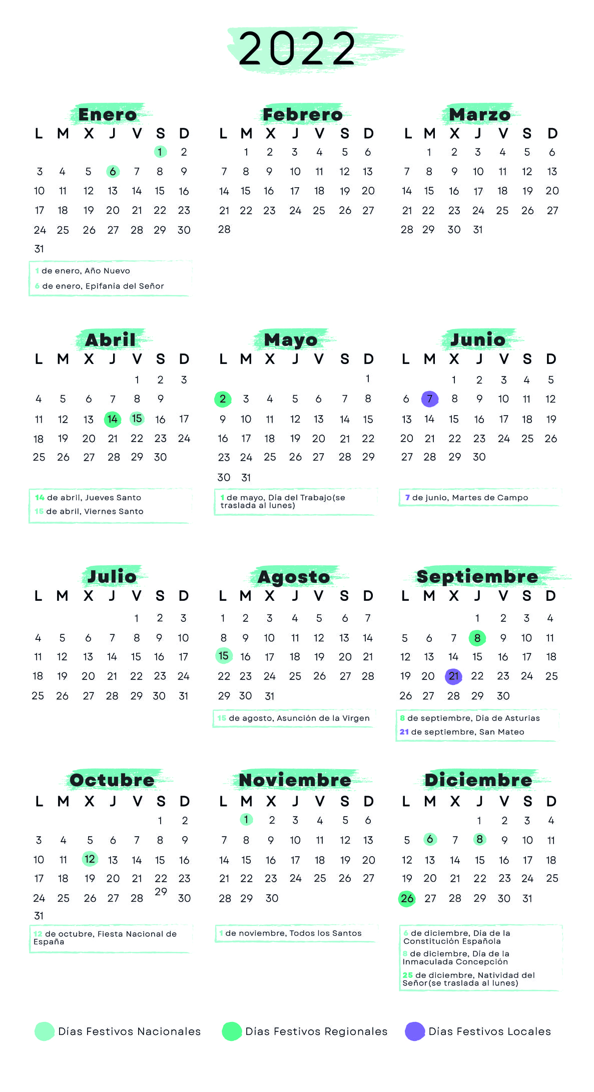 Calendario laboral Oviedo 2022