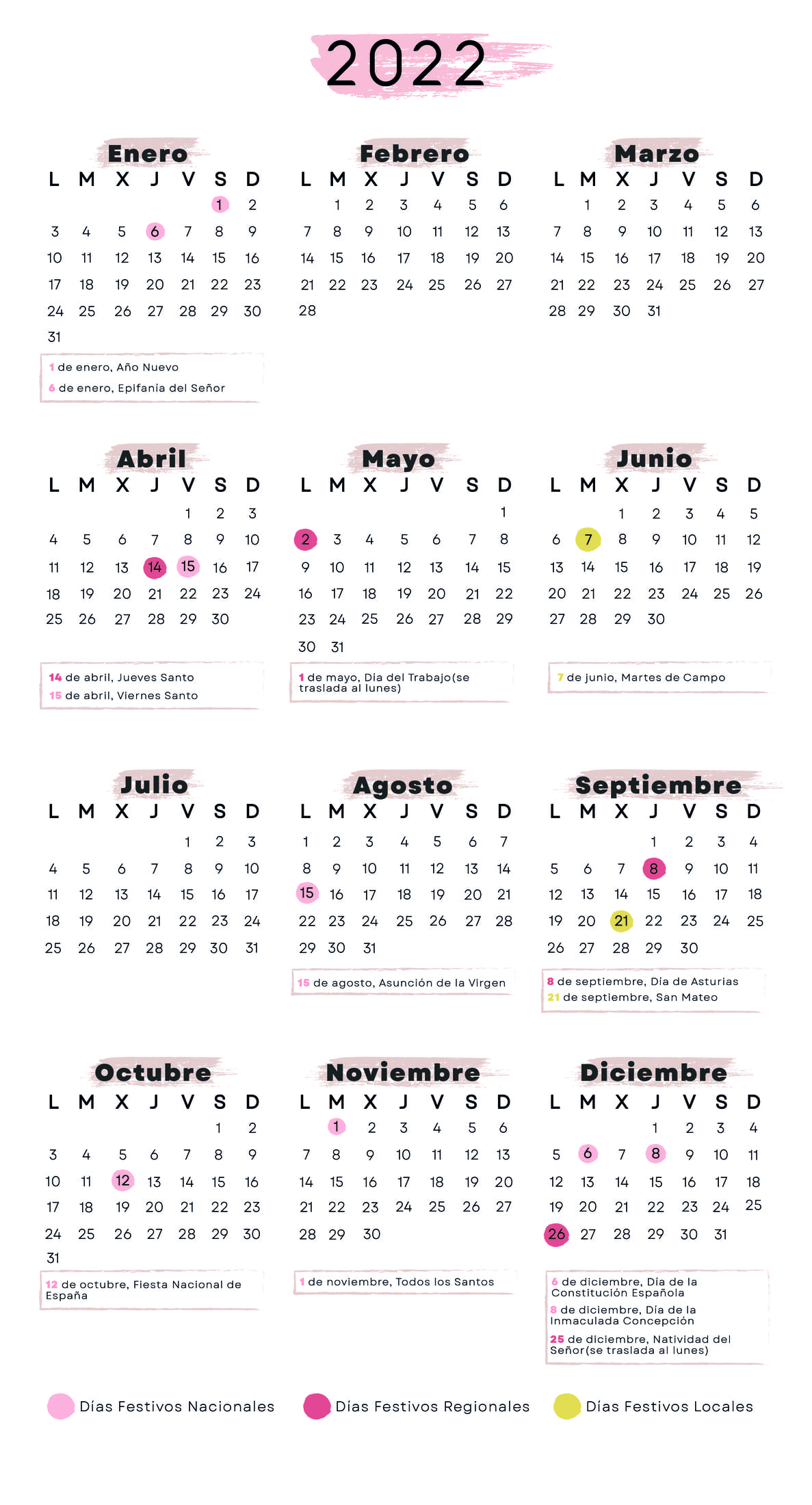 Calendario laboral Oviedo 2022