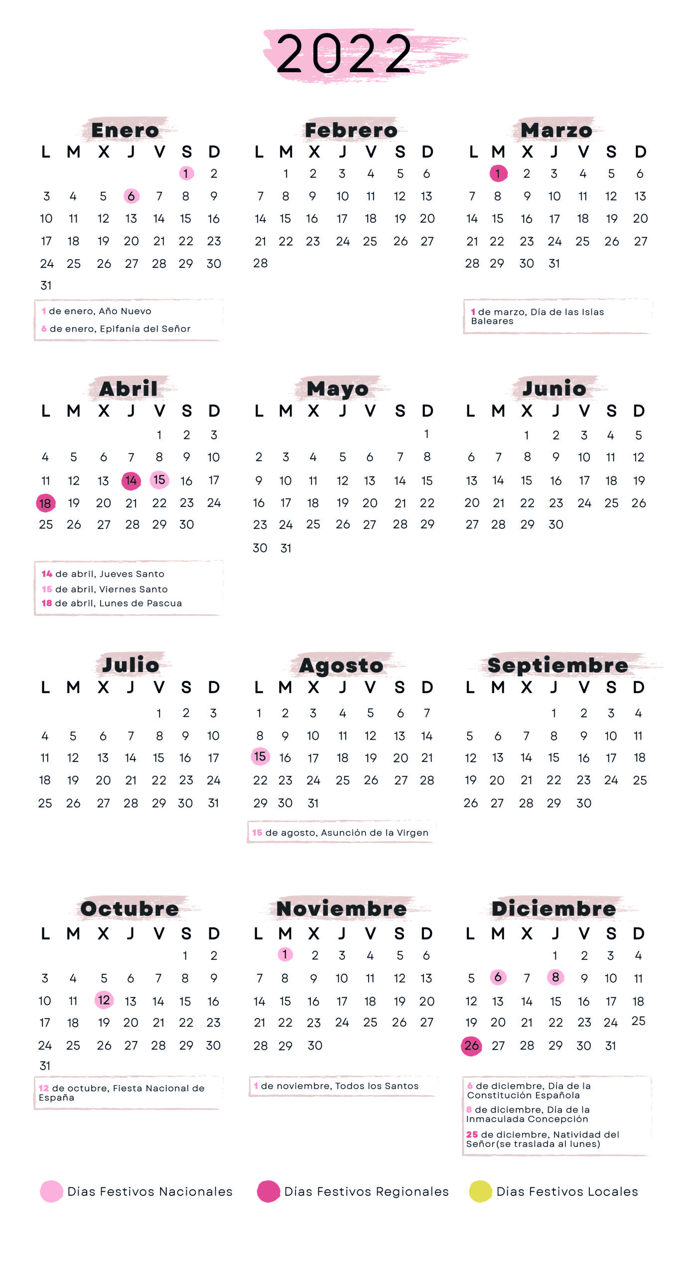 Calendario de Palma de Mallorca 2022 con festivos para imprimir