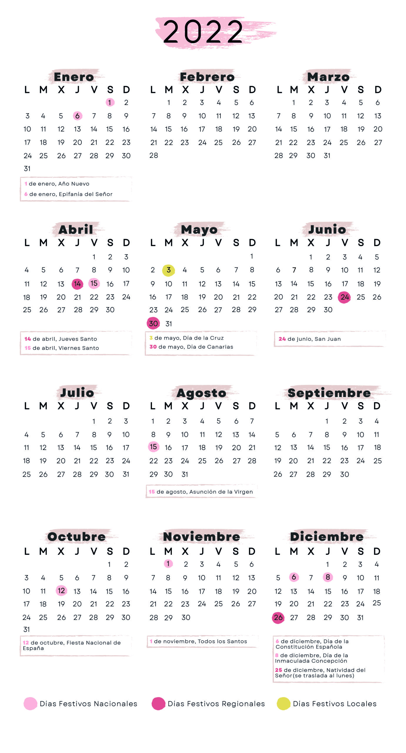 Calendario de Santa Cruz de Tenerife 2022 con festivos para imprimir
