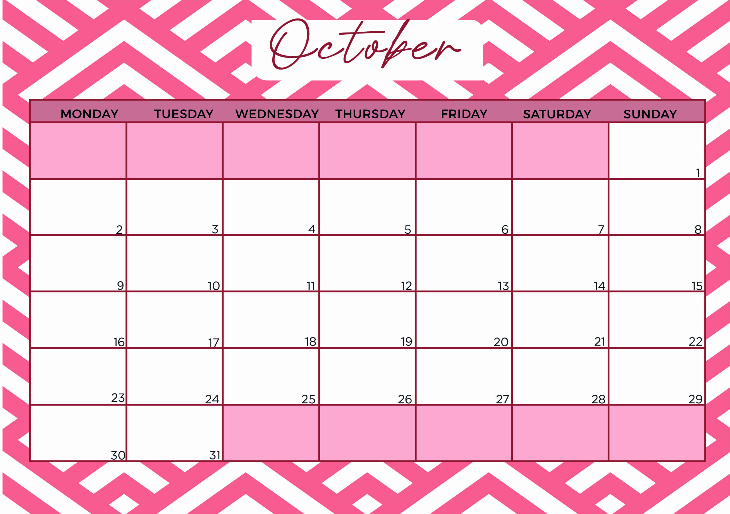 October 2023 Calendar Printable