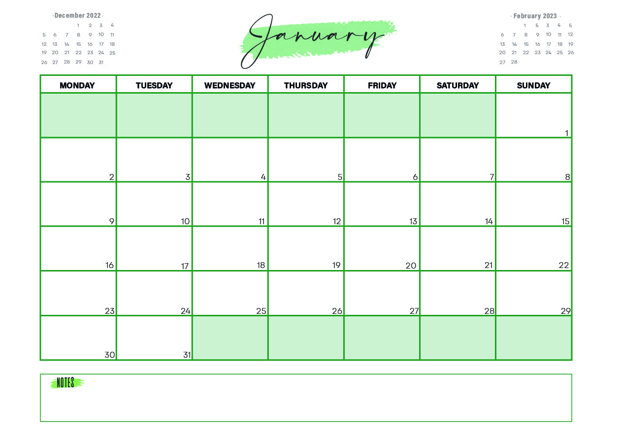 January 2023 Calendar printable