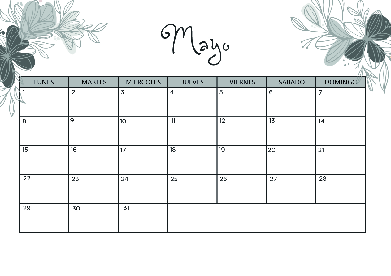 Calendario Mayo 2023 con flores gris