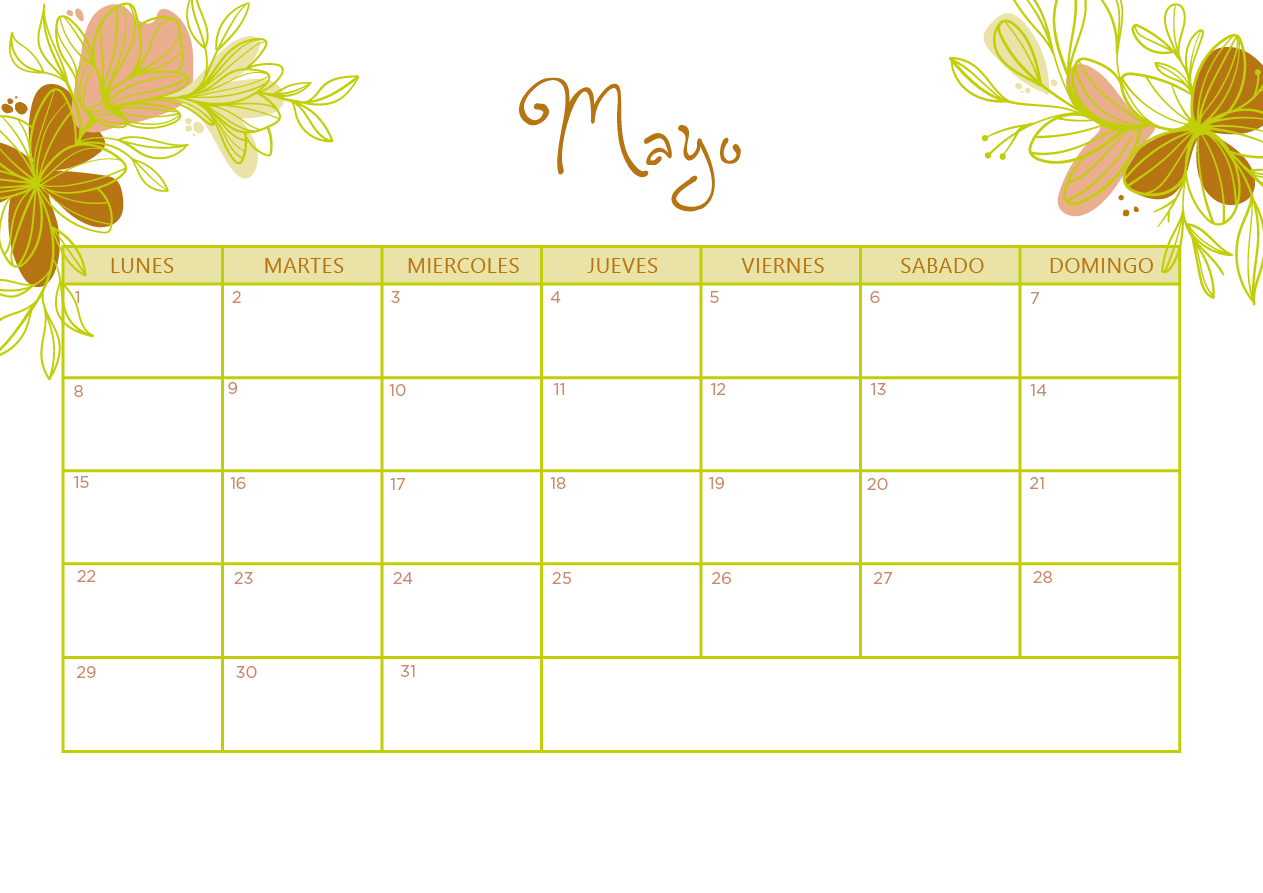 Calendario Mayo 2023 con flores amarillo