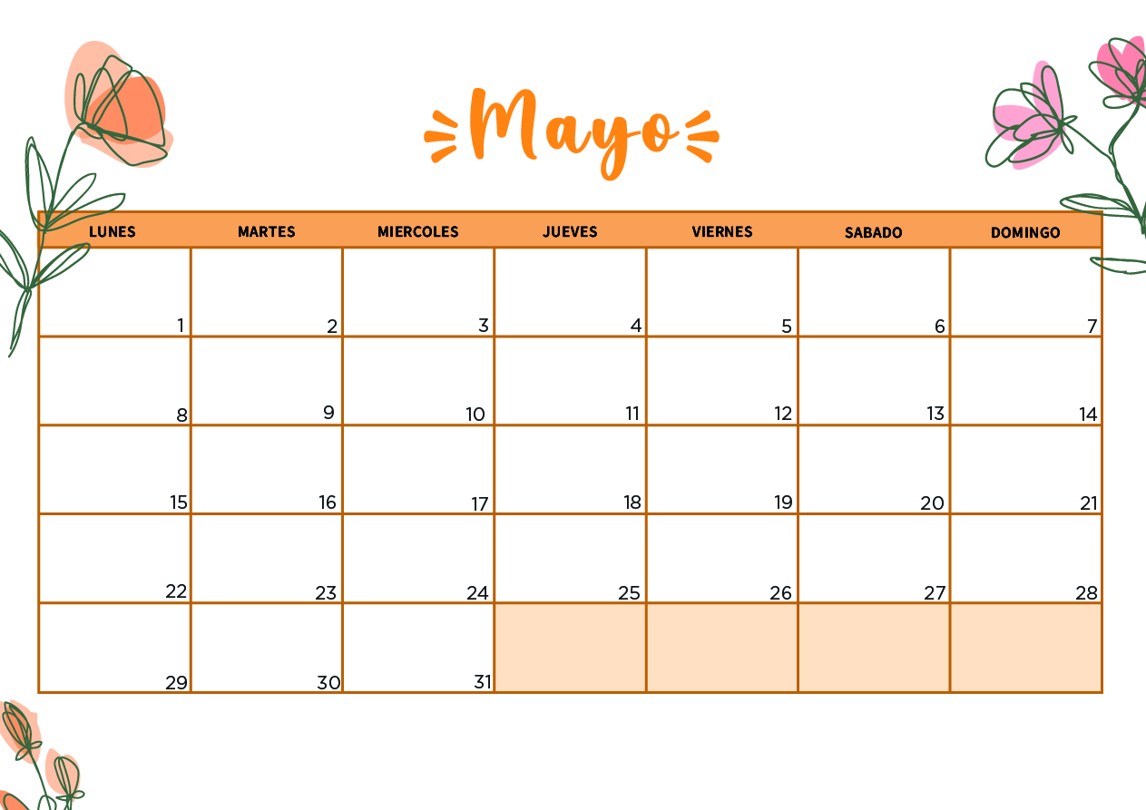 Calendario de Mayo 2023 con flores naranja