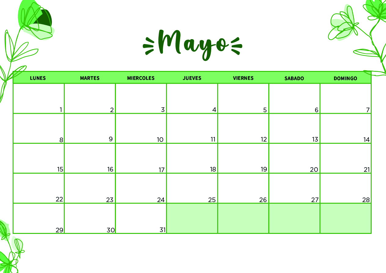 Calendario Mayo 2023 con flores verde