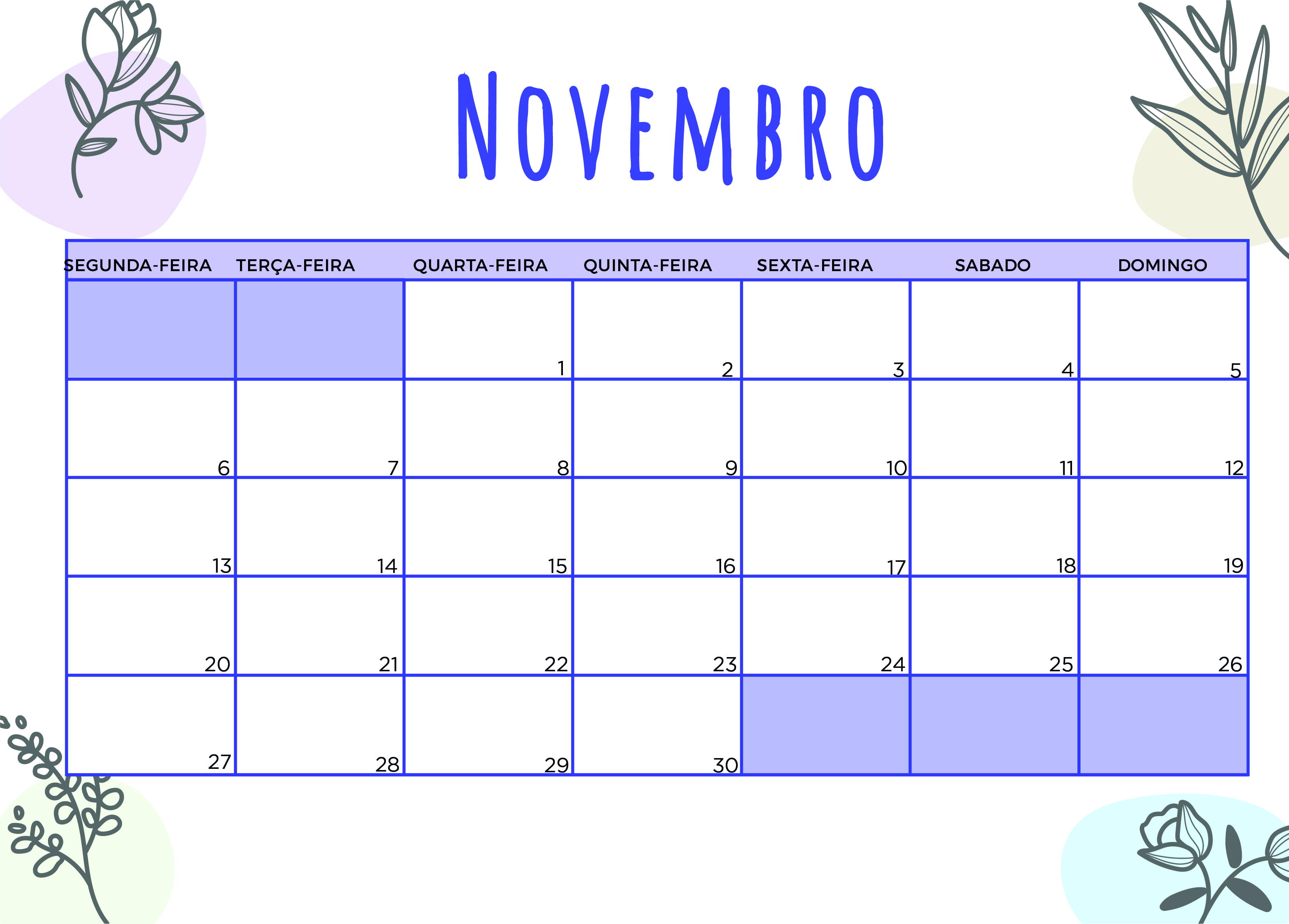 Calendário de Novembro de 2023