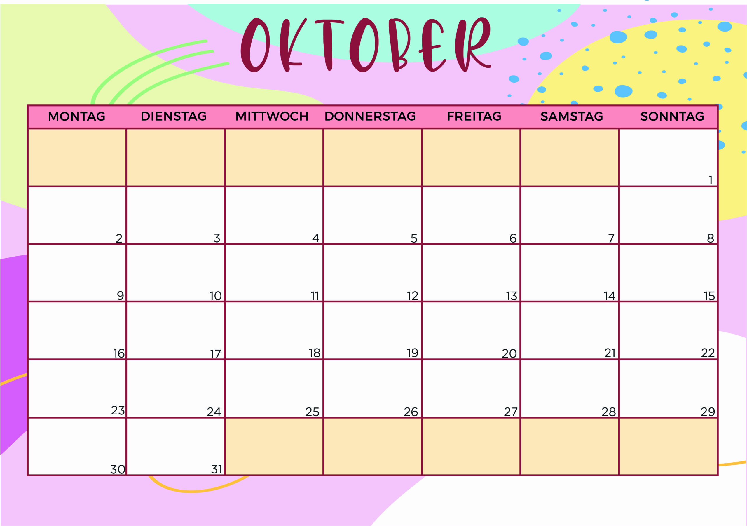 Kalender für Oktober 2023 - Modell 5 von Globalendar