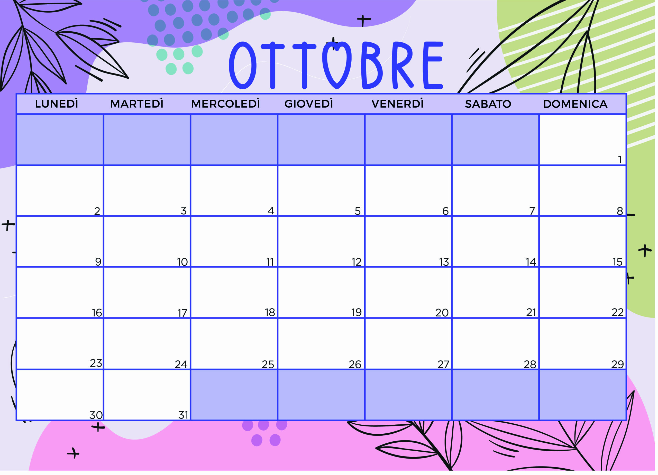 Calendario di Ottobre 2023