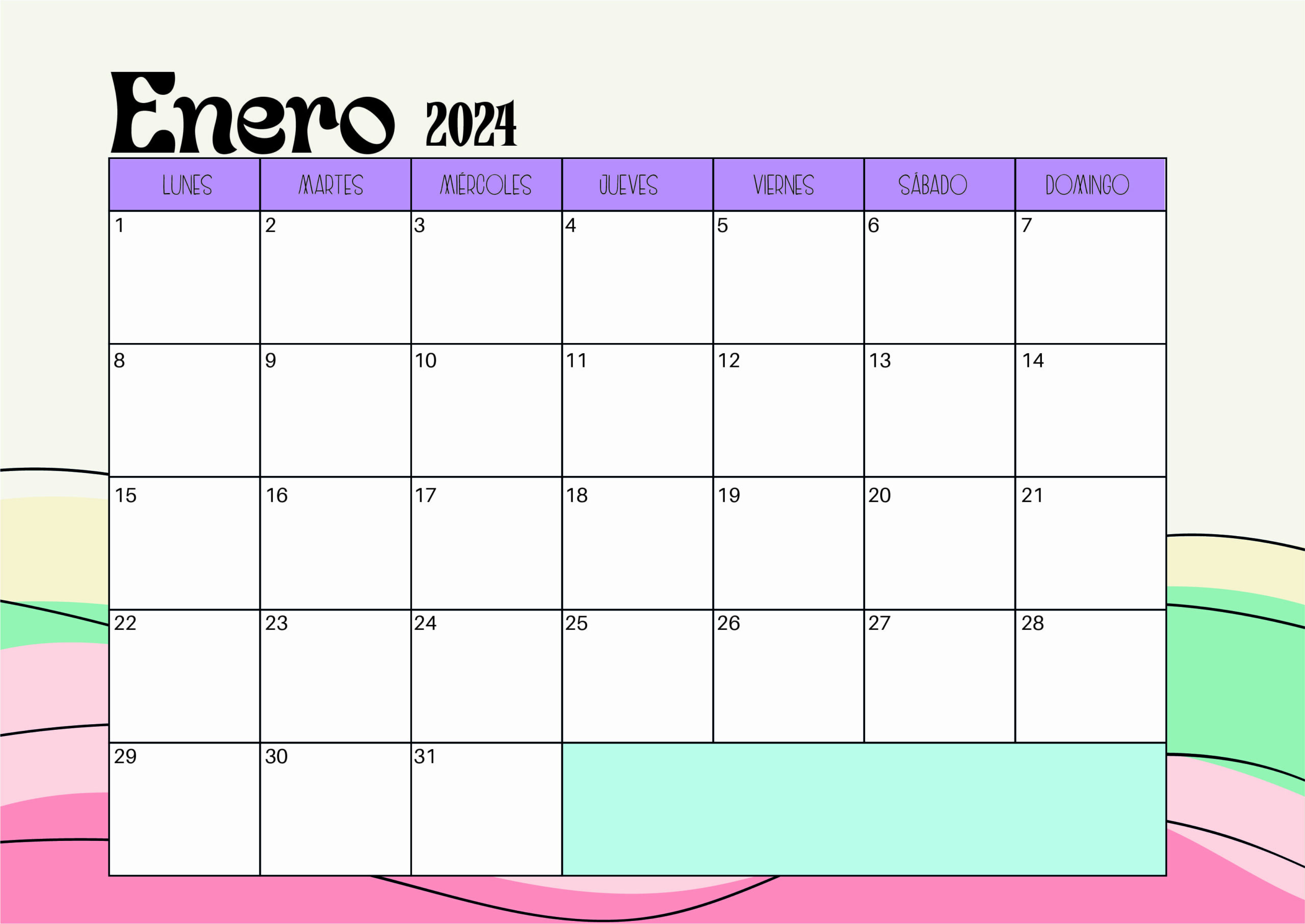 Calendario de Enero 2024 para imprimir en PDF