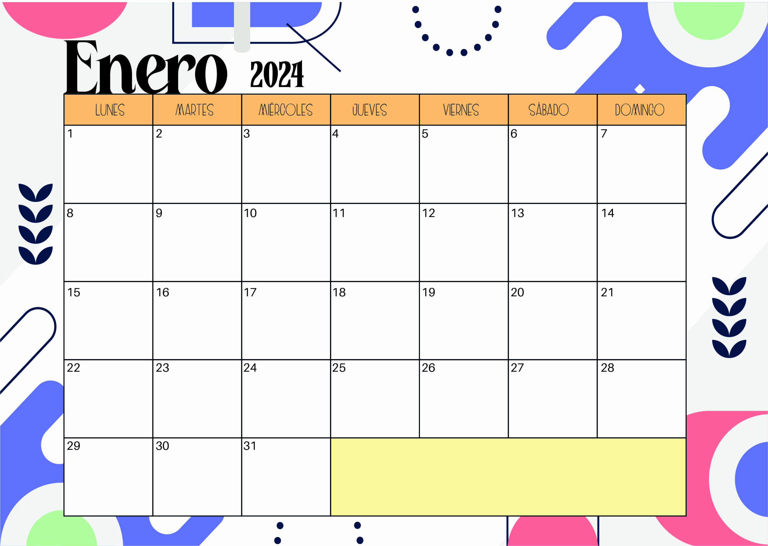 Calendario Enero 2024 para imprimir