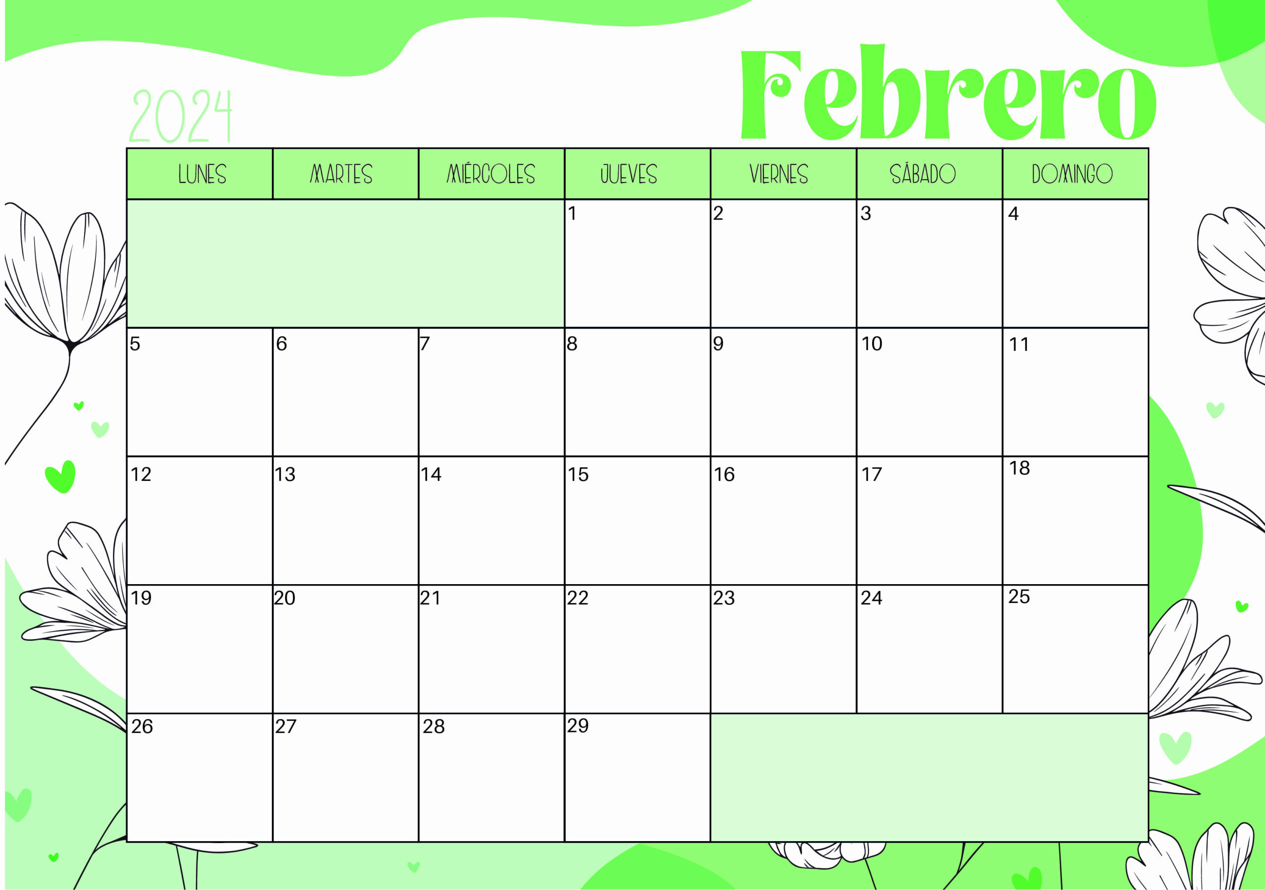 Calendario de Febrero 2024 para imprimir en PDF