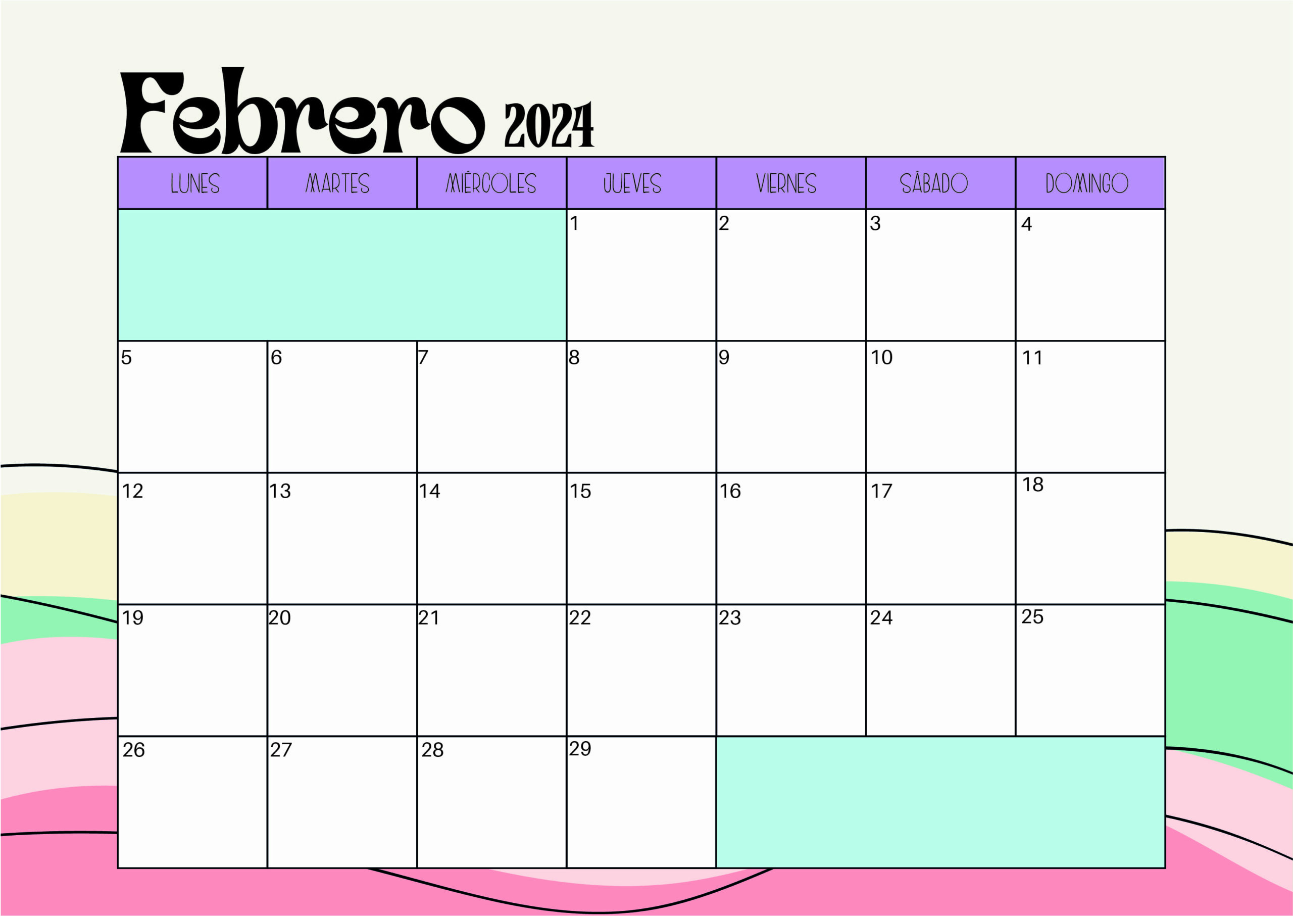 Calendario de Febrero 2024 para imprimir en PDF