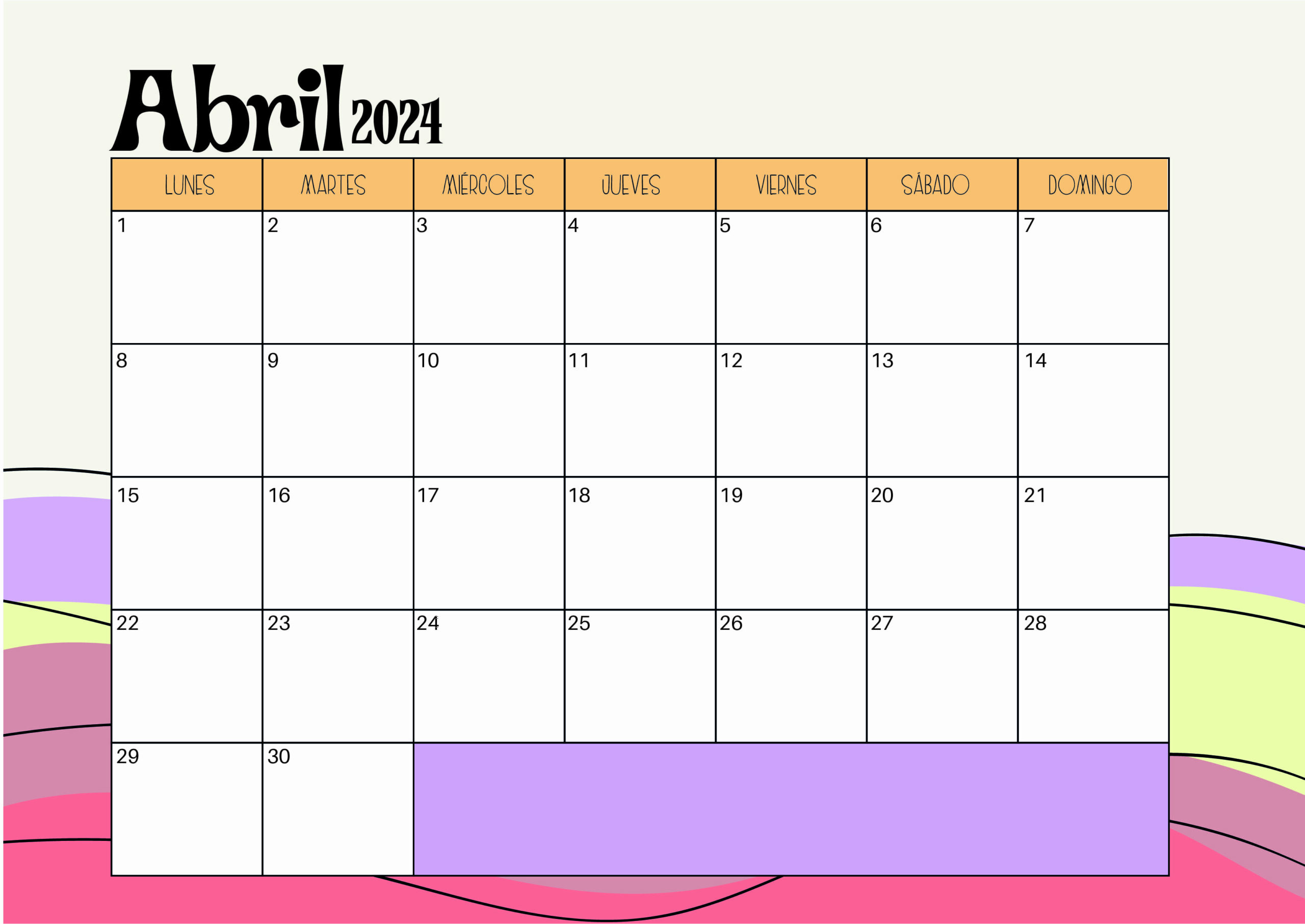 Calendario Abril 2024 para imprimir